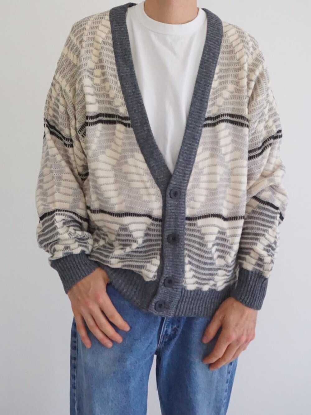 Vintage Sears Cream Grey Textured Geometric Knit Button Cardigan Sweater Mens L